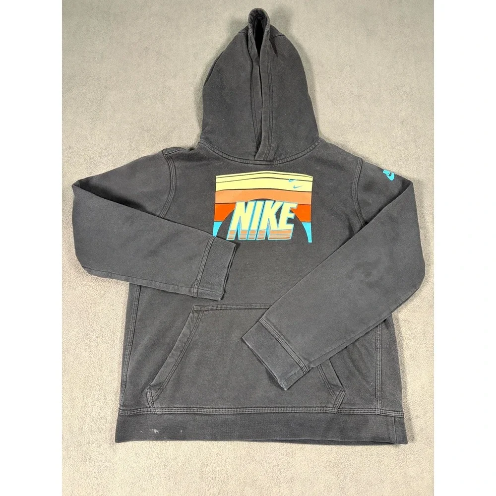 Nike Hoodie Kids XL Black Fleece Lined Graphic Print Logo Cotton Kangaroo Pocket